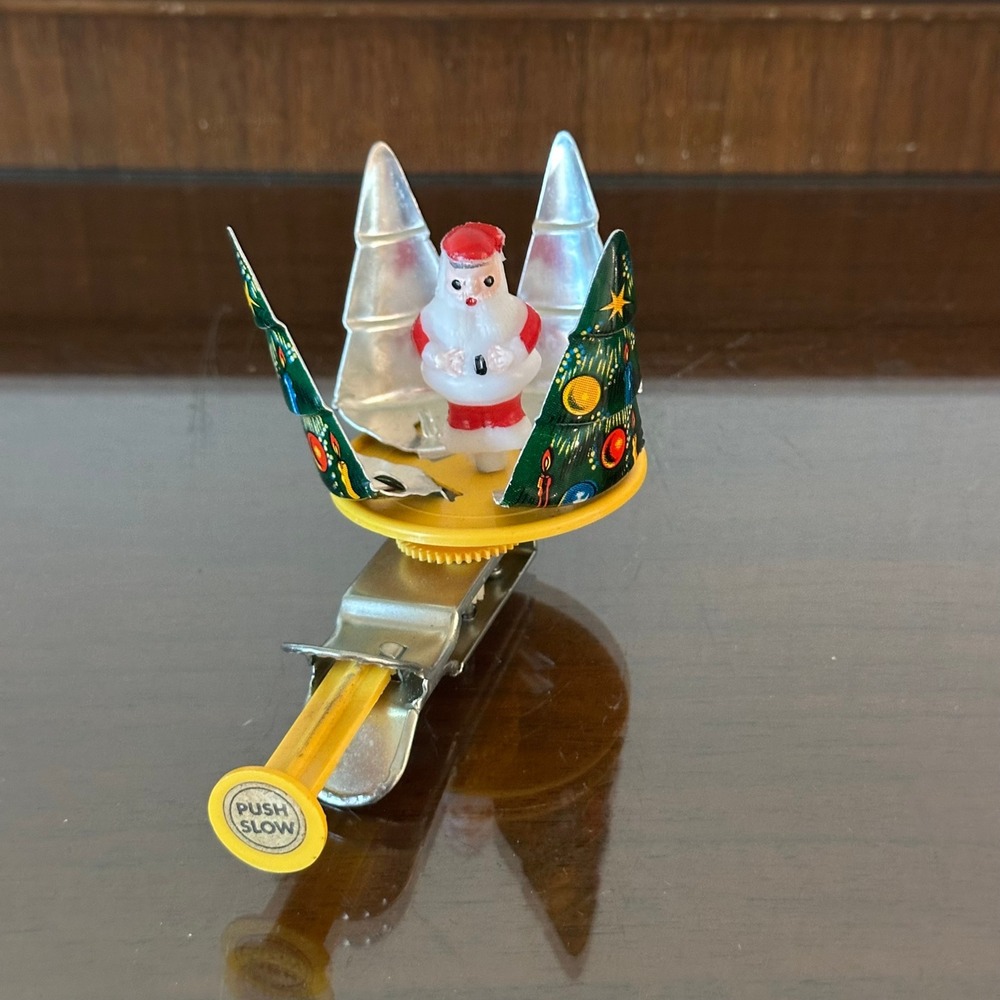 Vintage Tin Litho Spinning Christmas Tree Hidden Santa Push Spinner Toy Japan